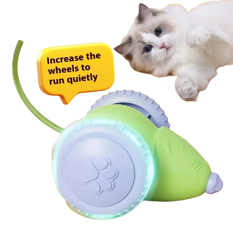 Rechargeable electric mouse toy for cats in green and light blue with glowing wheels, an interactive animal toys type