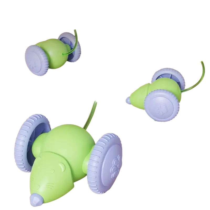Rechargeable electric green and purple plastic mouse toy with four wheels designed as animal toys for cats