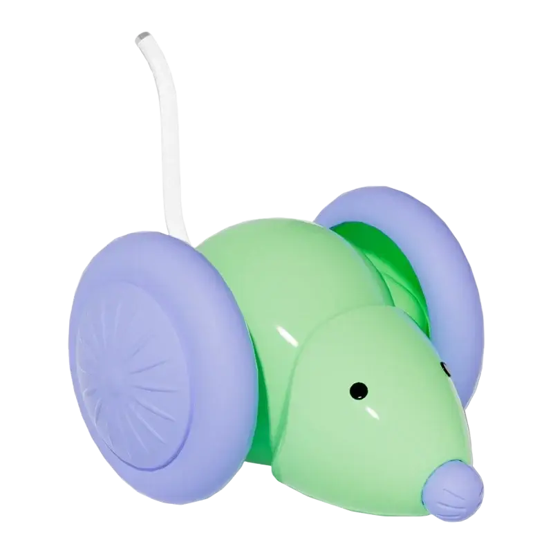 Rechargeable electric mouse toy for cats in green and purple plastic with wheels and white tail in actual photos of animal toys type