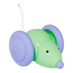 Rechargeable electric mouse toy for cats in green and purple plastic with wheels and white tail in actual photos of animal toys type
