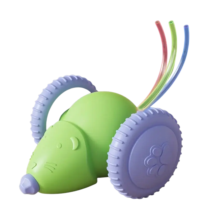 Rechargeable electric animal toys type lime green and purple plastic mouse toy with textured wheels and rainbow led lights