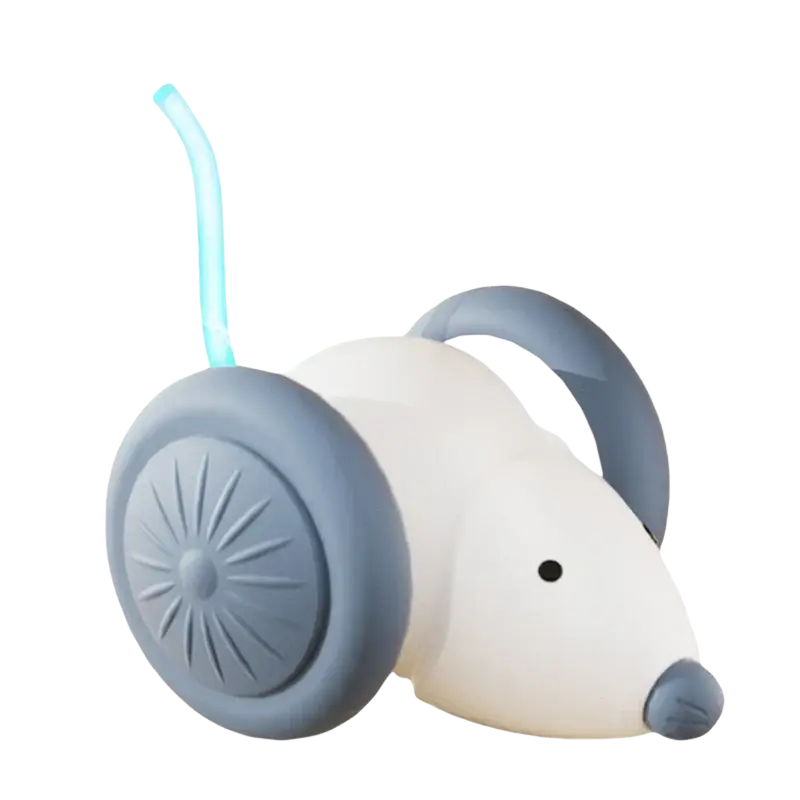 Rechargeable electric mouse toy for cats in white and gray plastic with blue led tail lights and large rolling wheels for animal toys type