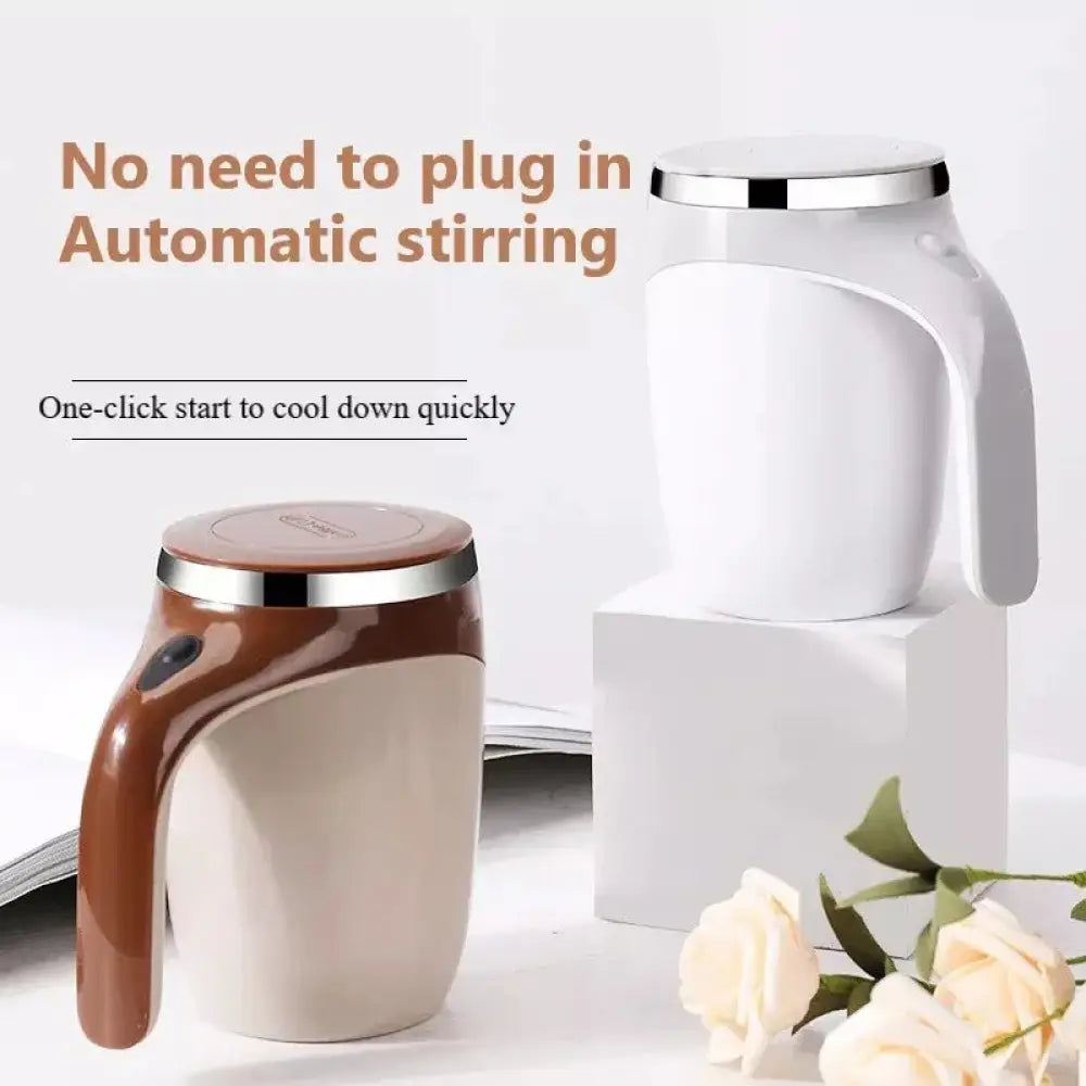 White and brown electric self stirring magnetic coffee mug with usb charging featuring a metallic rim and handle