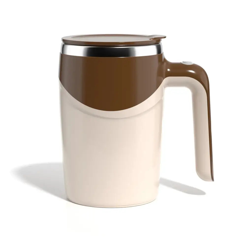 Cream-colored electric self-stirring magnetic coffee mug with brown lid handle and sleek metallic rim for USB charging