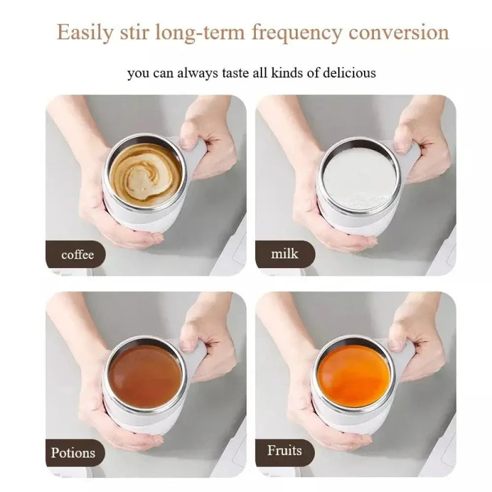 White and silver dual-layered electric self-stirring magnetic coffee mug with usb charging shown from the back side