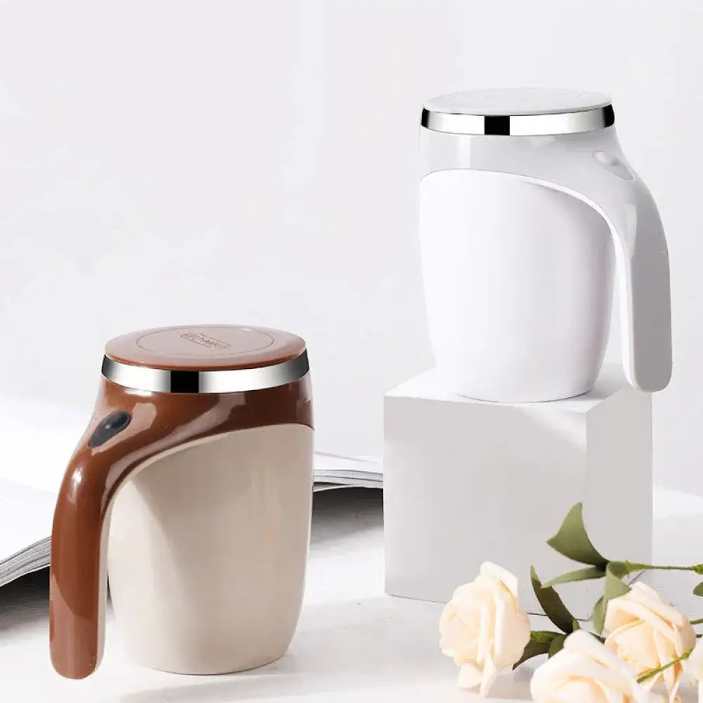 White and brown ceramic electric self stirring magnetic coffee mugs with usb charging and metallic silver rims