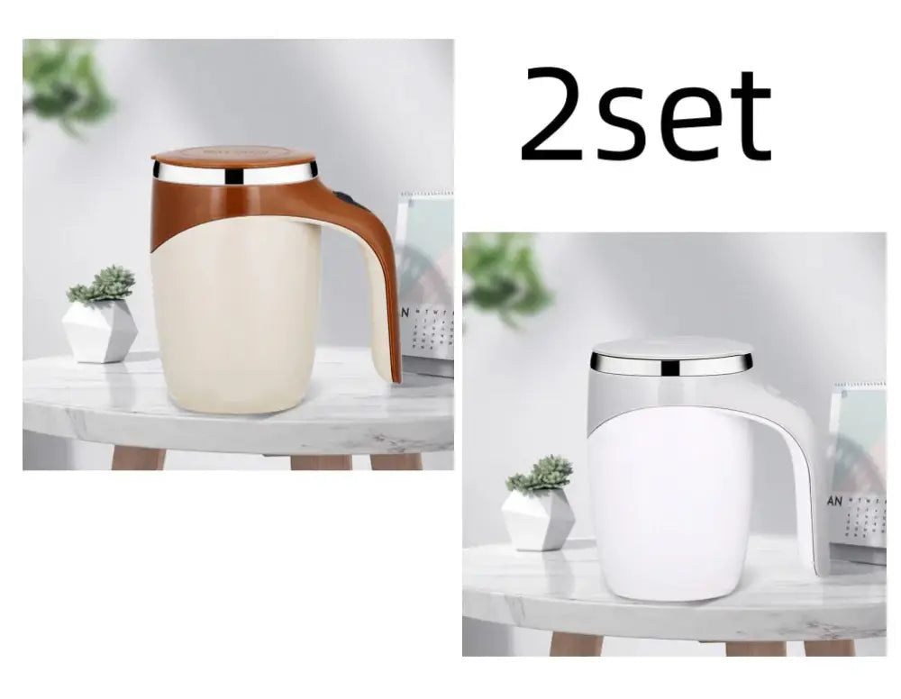 Brown and white ceramic electric self-stirring magnetic coffee mug with sleek curved handle and metallic usb charging lid