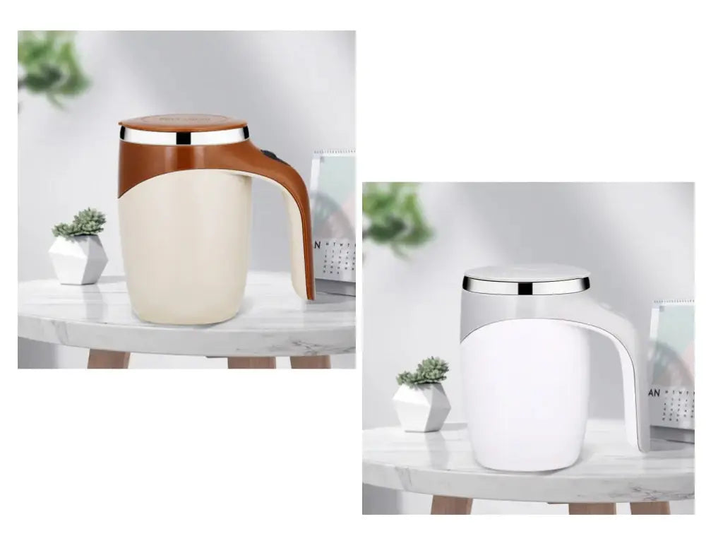Electric self stirring magnetic coffee mug in cream and brown with metallic lid and ergonomic handle for easy grip