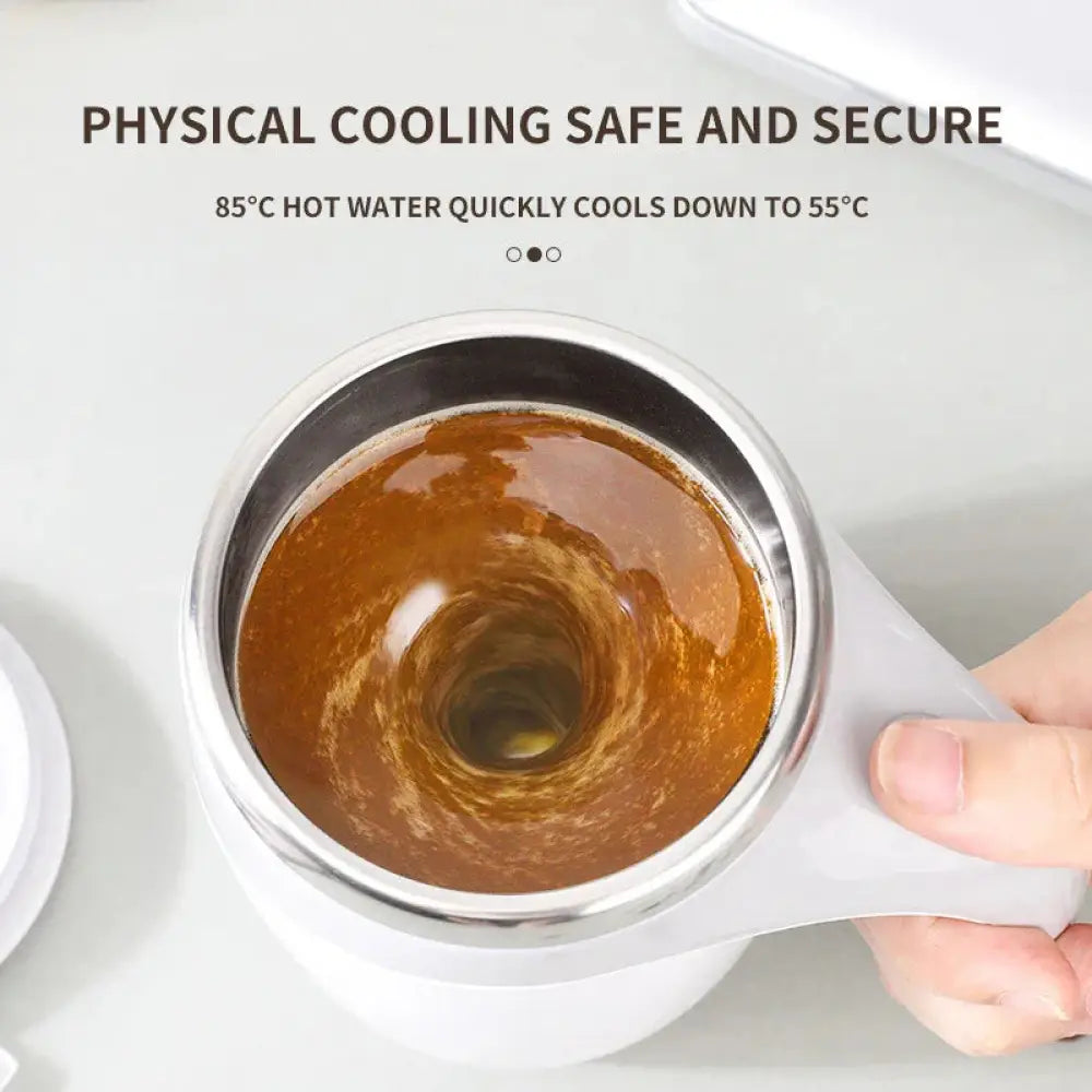 White and silver dual-layered insulated electric self stirring magnetic coffee mug with usb charging and swirling coffee inside