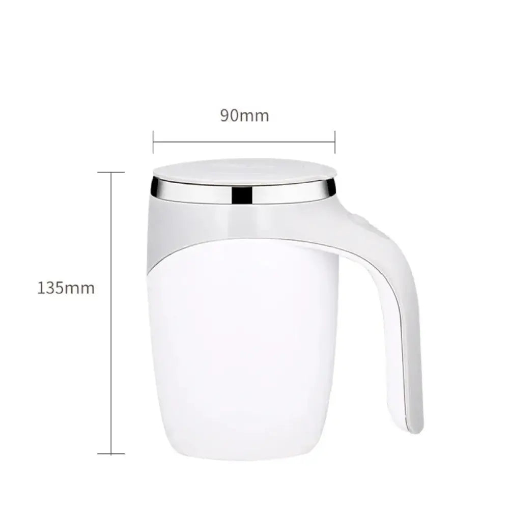 White ceramic electric self stirring magnetic coffee mug with sleek curved handle and shiny metallic usb charging lid