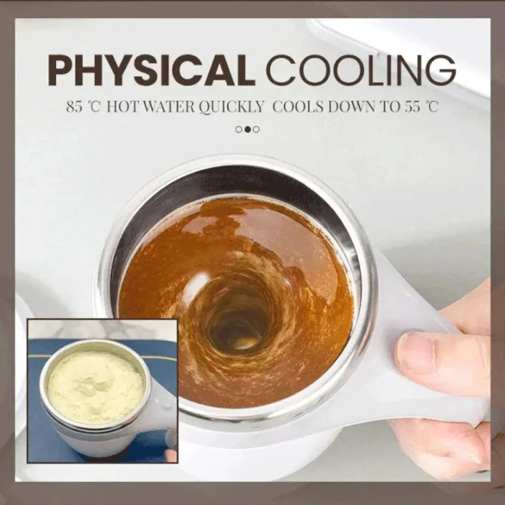 White ceramic electric self stirring magnetic coffee mug with silver rim and handle containing swirling brown liquid