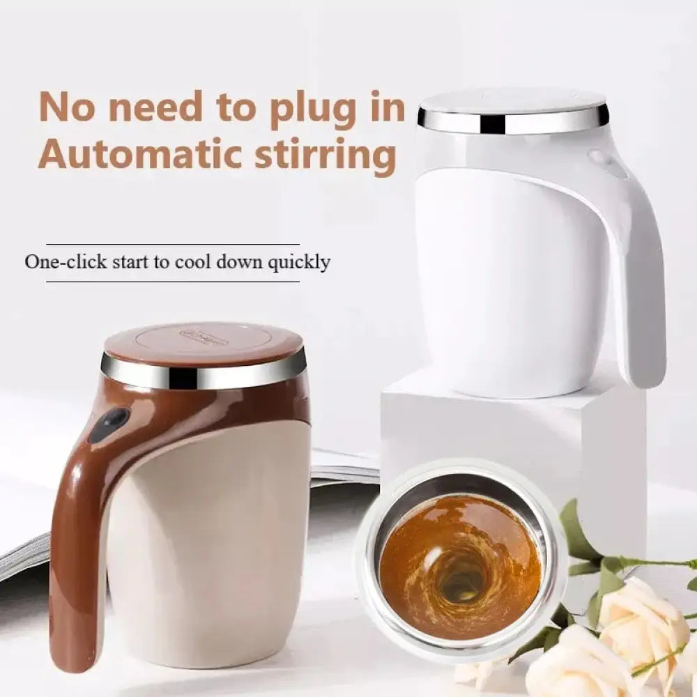 Brown and white electric self stirring magnetic coffee mug with silver rim and usb charging capability
