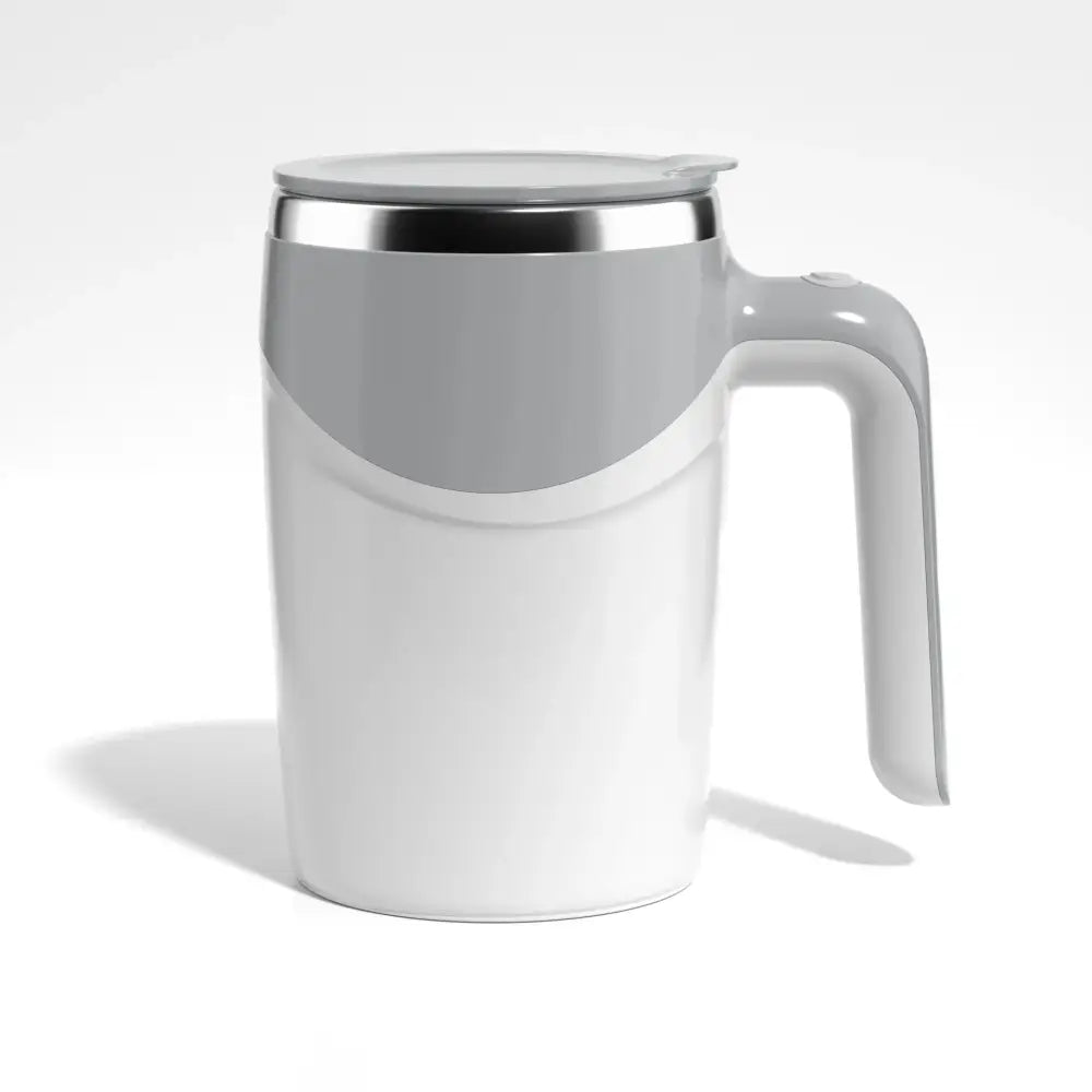 Gray and white electric self stirring magnetic coffee mug with stainless steel lid and usb charging port