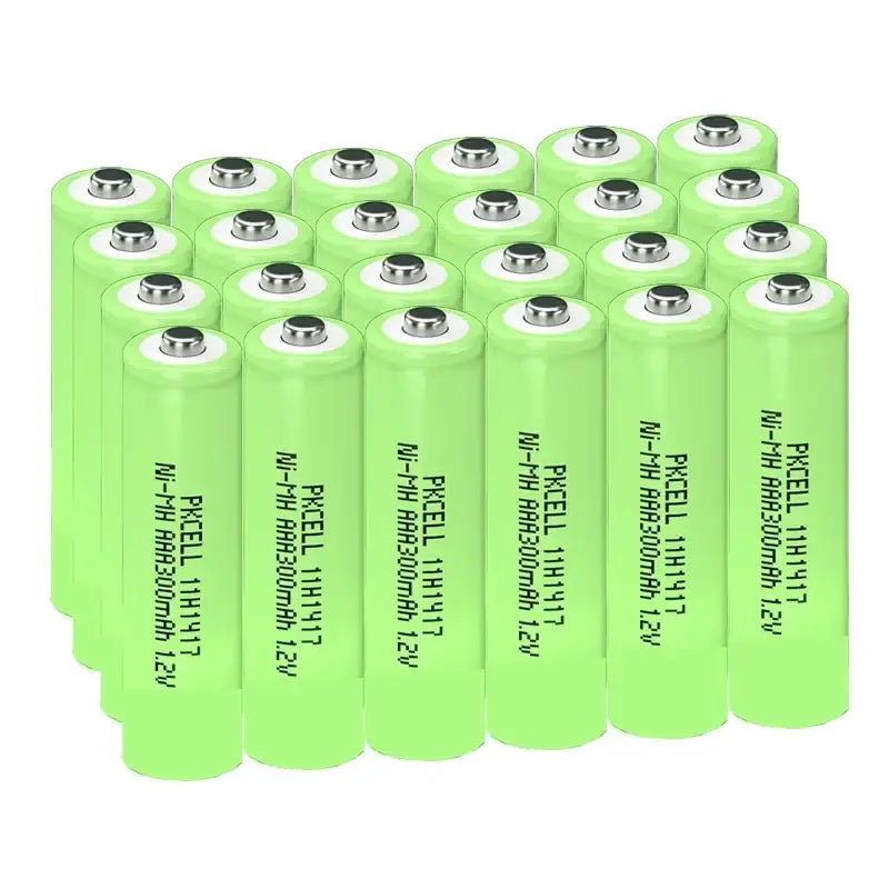 Bright green pkcell 114197 rechargeable nimh aaa batteries 300mah with silver tops 20 pack rechargeable battery set