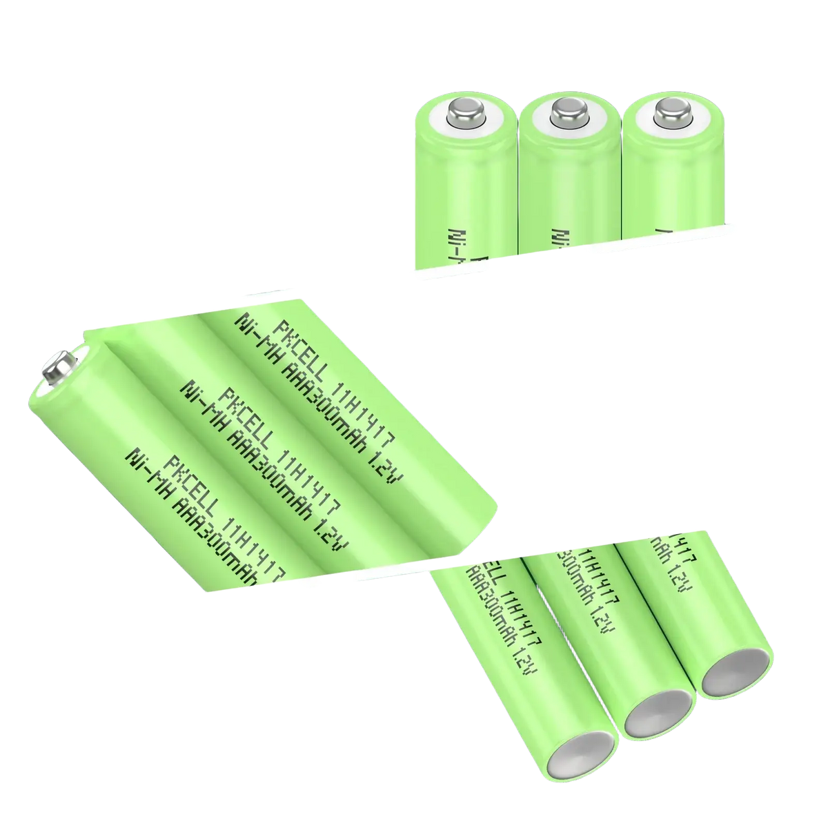 Bright green pkcell rechargeable nimh aaa batteries 300mah with silver terminals in 20 pack rechargeable battery kit