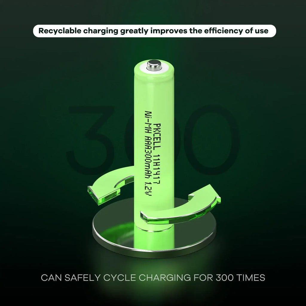 A lime green pkell 18650 cylindrical rechargeable nimh battery with metallic top and printed specifications in 20 pack