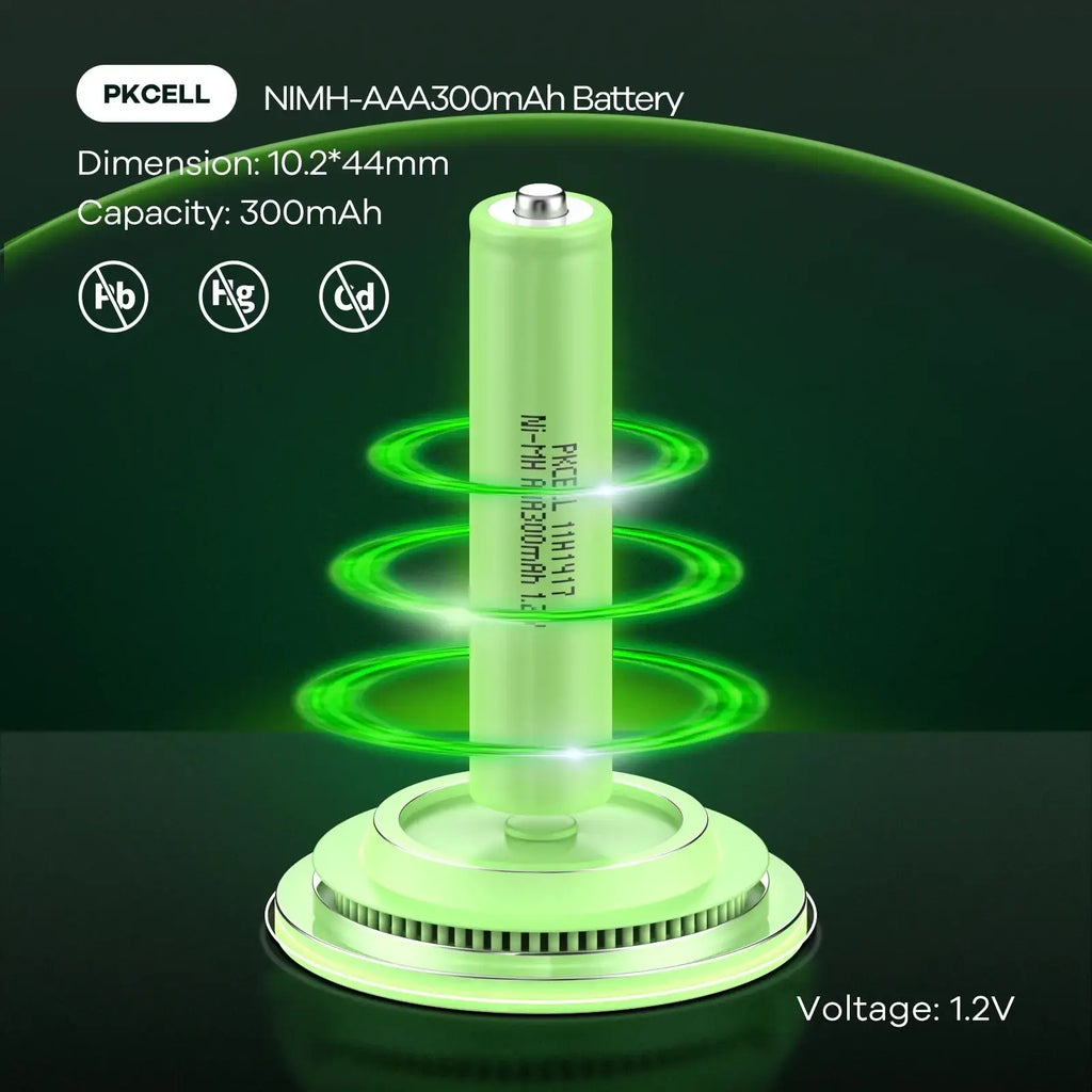 A lime green pkcell rechargeable nimh aaa battery 300mah with metallic top on a matching circular base