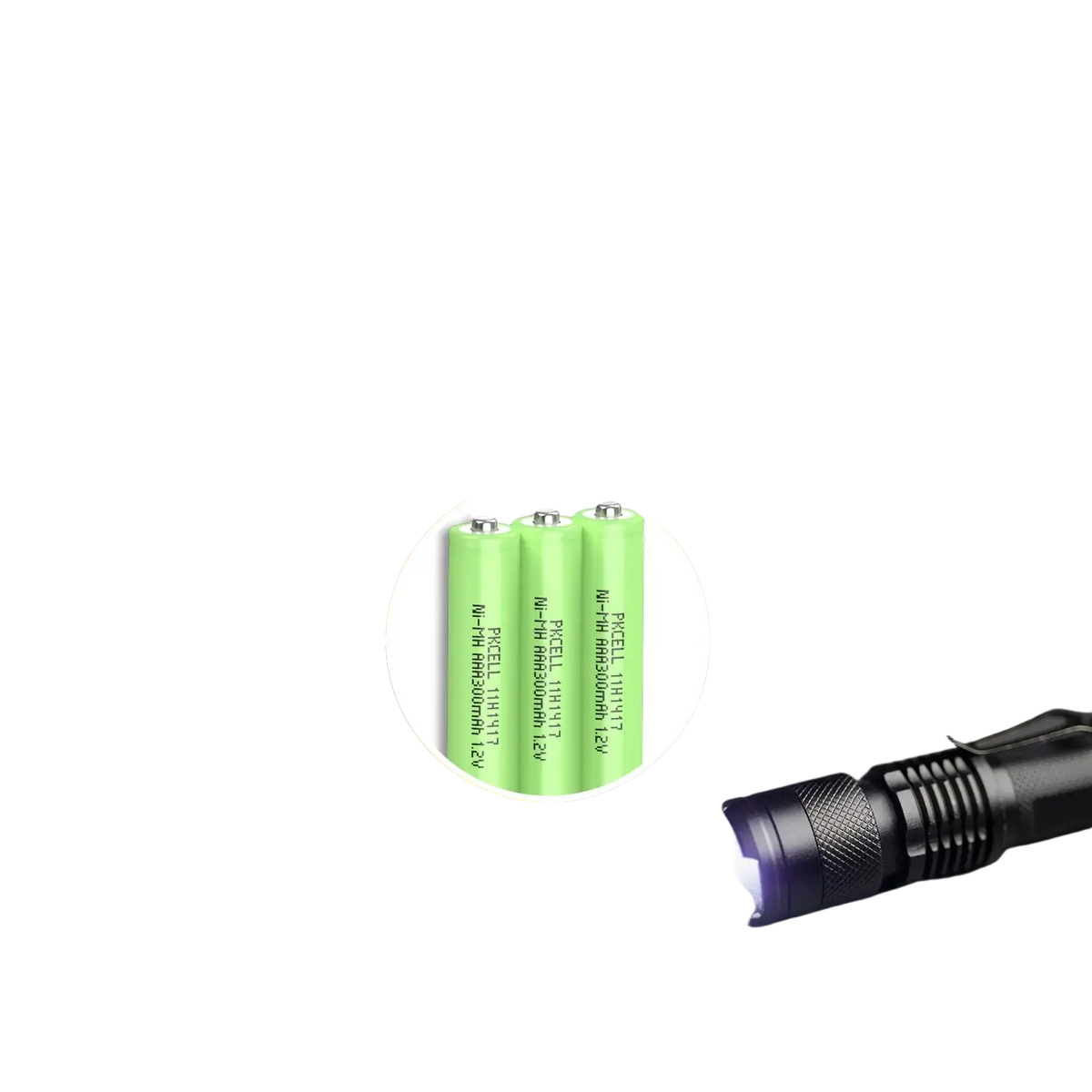 Three green rechargeable nimh aaa batteries 300mah arranged with outdoor lighting applications on dark background