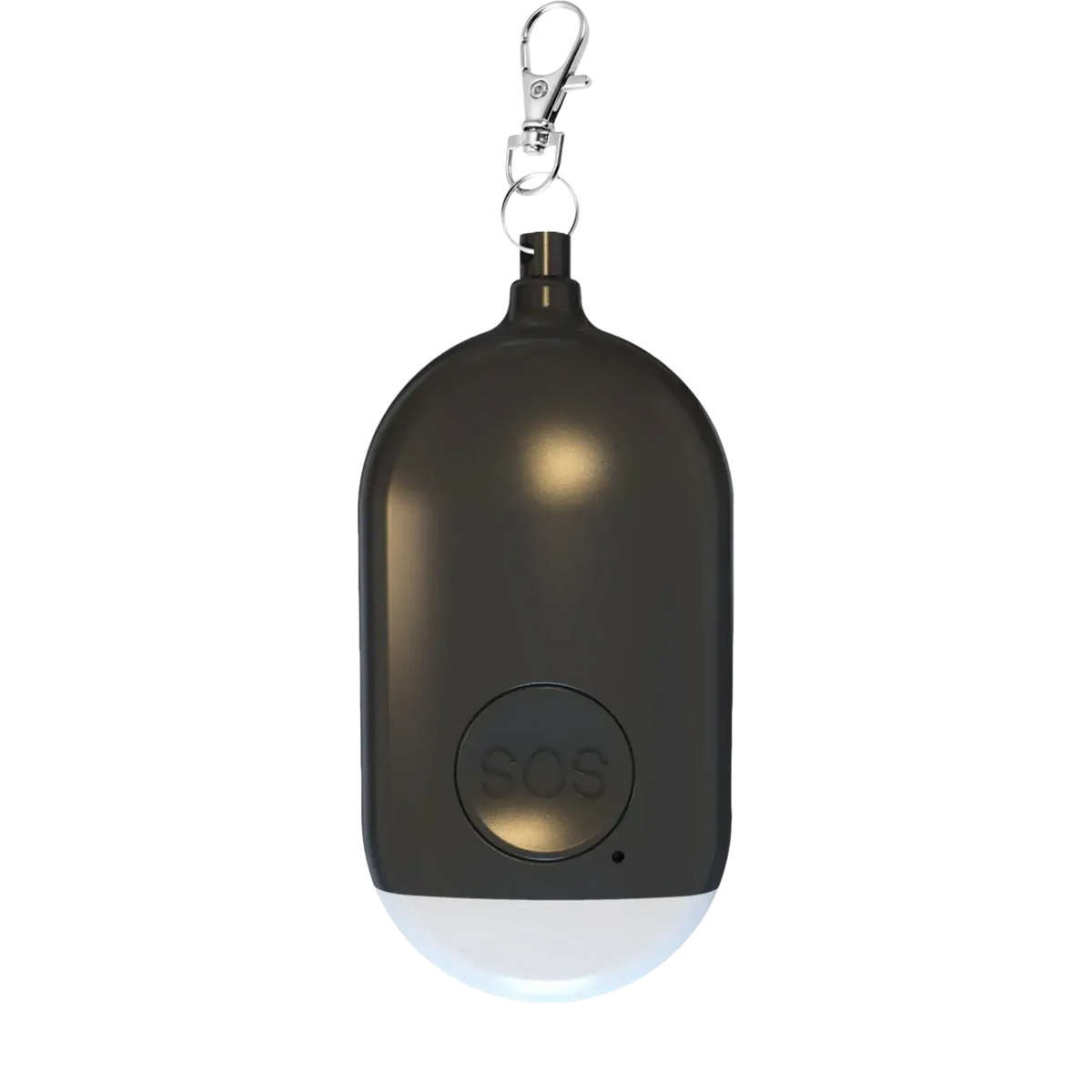 Black oval-shaped rechargeable personal alarm keychain with 130db white light and silver keychain attachment
