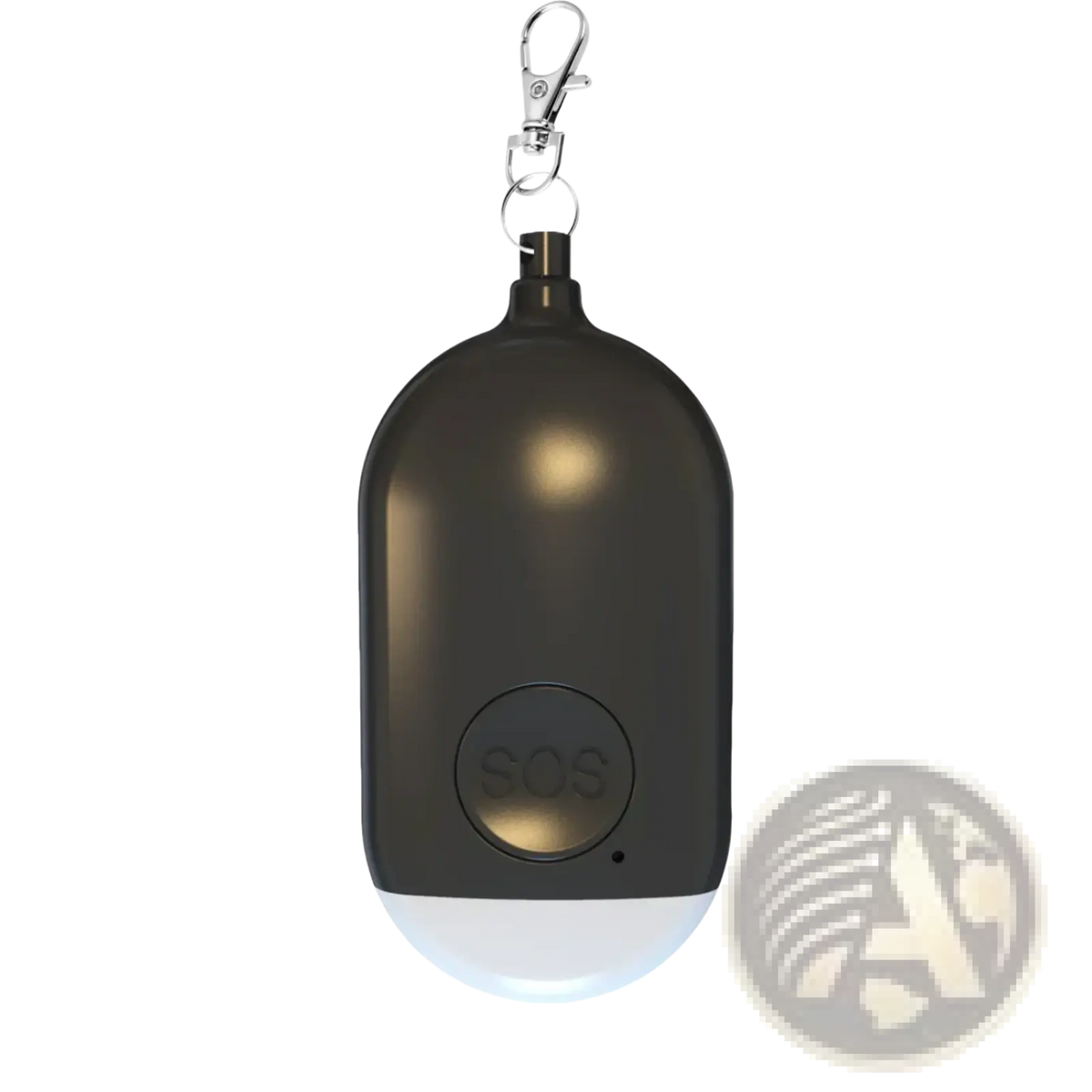 Black oval-shaped rechargeable personal alarm keychain with 130db white light and silver keychain attachment