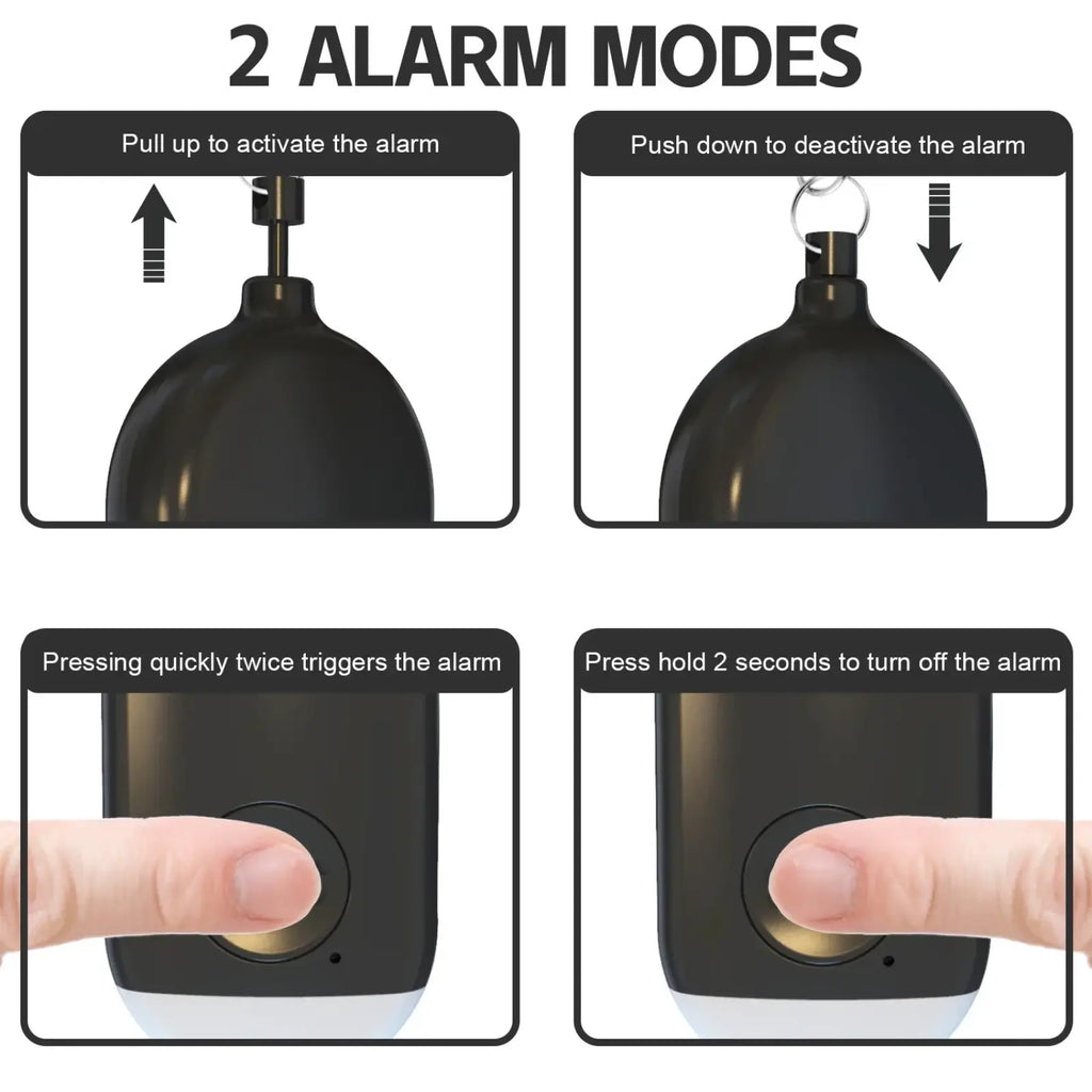 Black sleek dome-shaped rechargeable personal alarm keychain with circular button and metallic attachment ring 130db