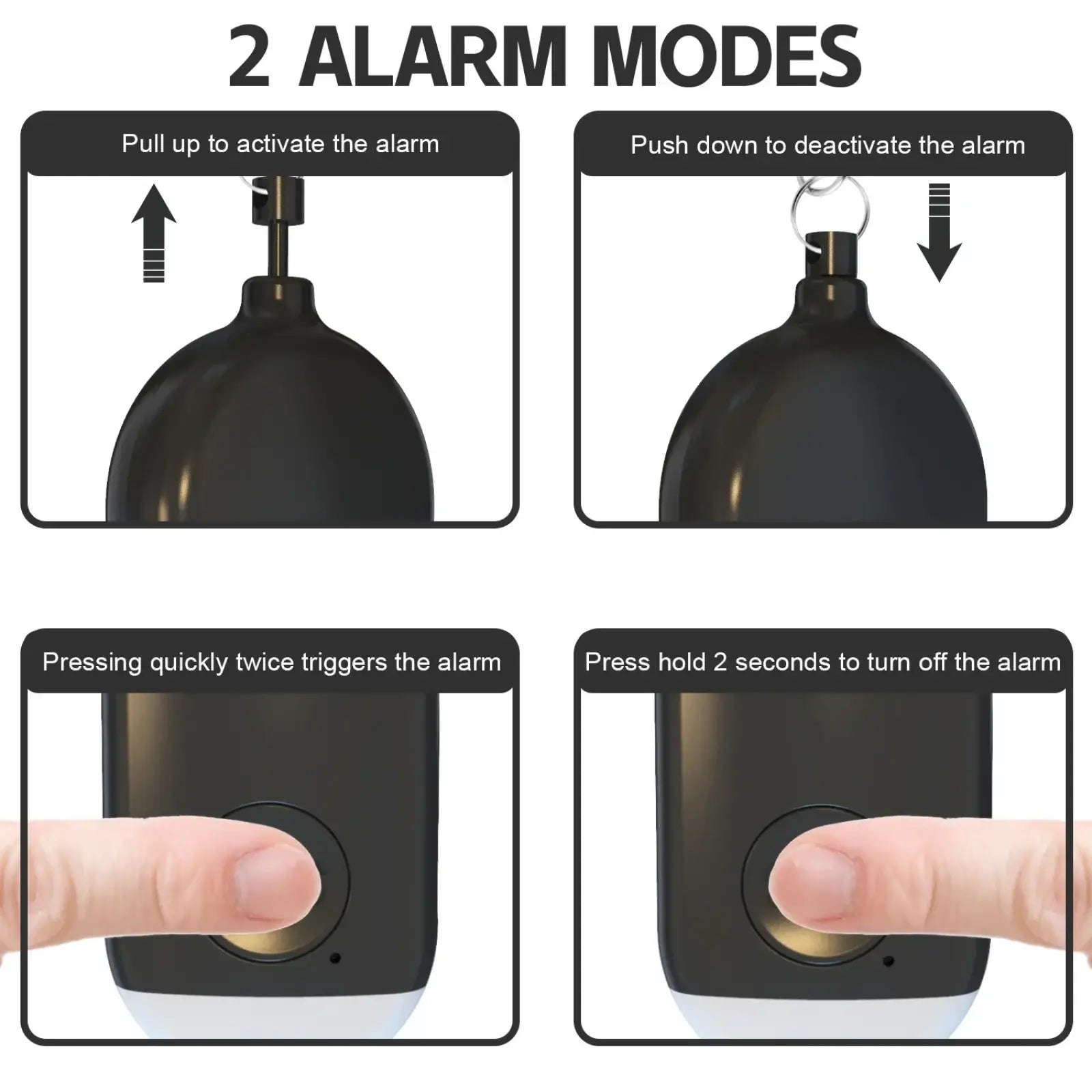 Black sleek dome-shaped rechargeable personal alarm keychain with circular button and metallic attachment ring 130db