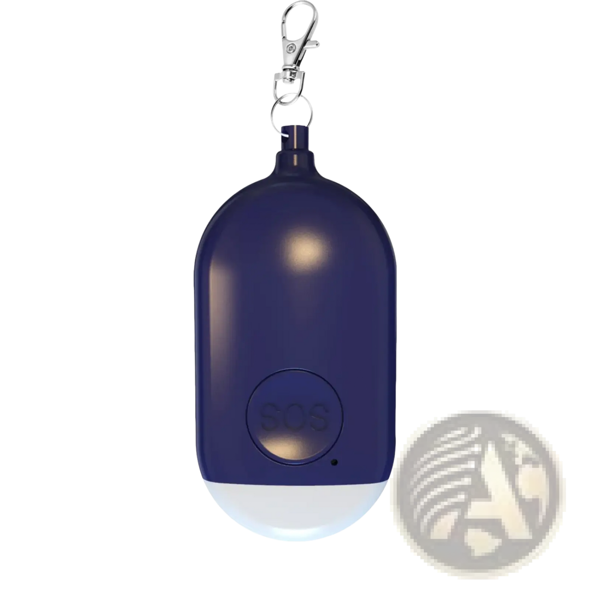 Navy blue oval-shaped rechargeable personal alarm keychain with sos emergency beacon, silver keychain, and white illuminated base