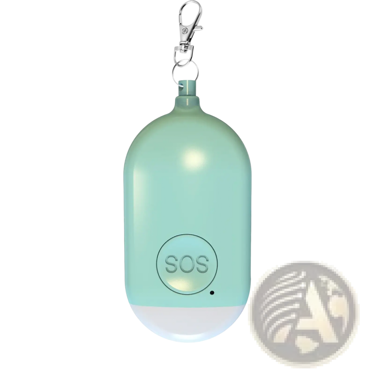 A mint green rechargeable personal alarm keychain with 130db sound, oval shape, silver keychain, and illuminated base