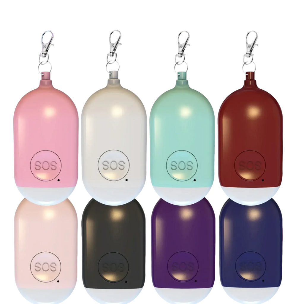 Rechargeable personal alarm keychain with 130db sound, charging and flashlight function in multiple colors including pink and black