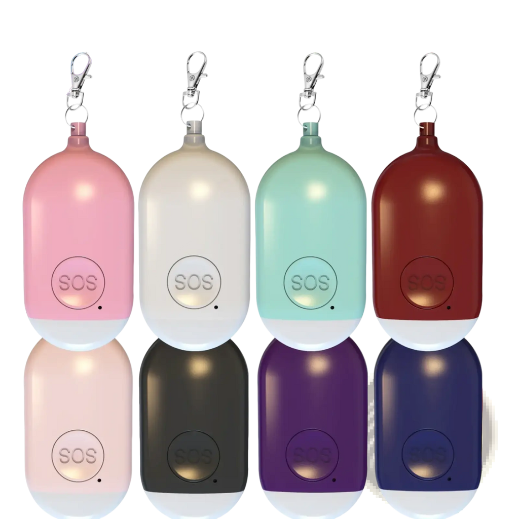 Rechargeable personal alarm keychain with 130db sound, charging and flashlight function in multiple colors including pink and black