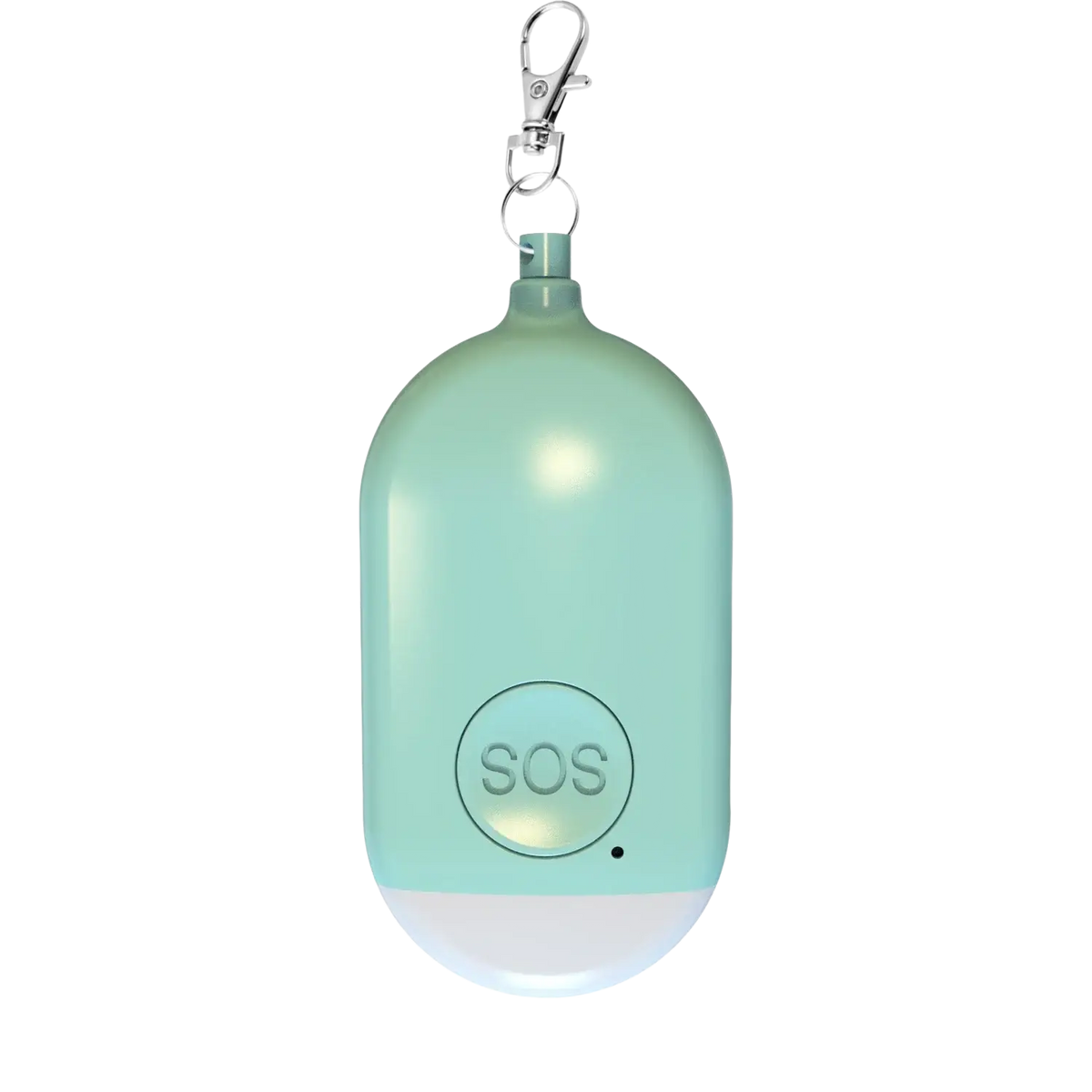A mint green rechargeable personal alarm keychain with 130db sound, oval shape, silver keychain, and illuminated base