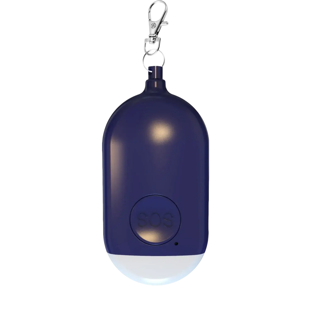 Navy blue oval-shaped rechargeable personal alarm keychain with sos emergency beacon, silver keychain, and white illuminated base
