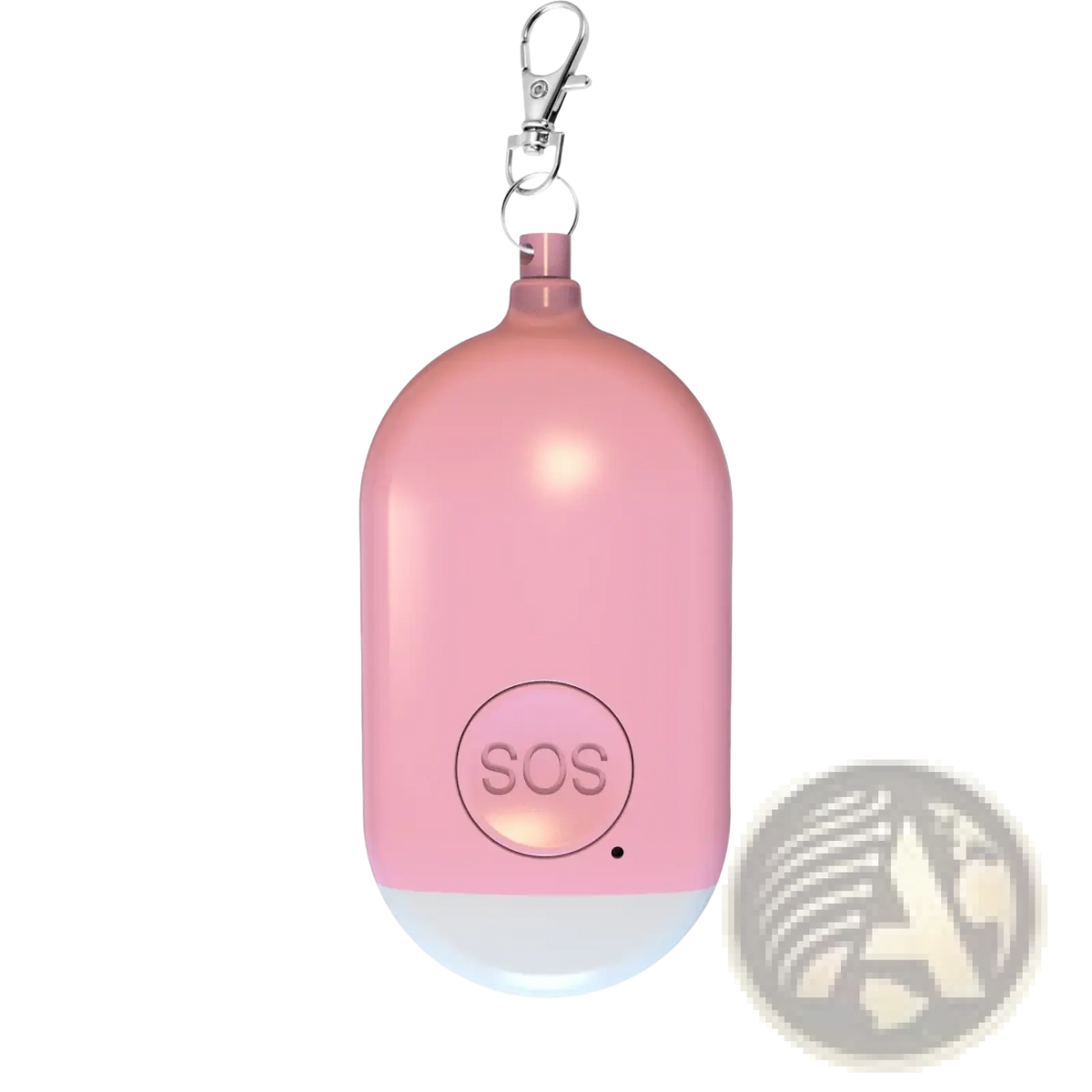 Pink oval-shaped rechargeable personal alarm keychain with silver keychain and illuminated sos button emitting 130db sound