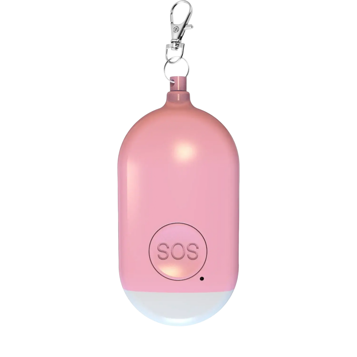 Pink oval-shaped rechargeable personal alarm keychain with silver keychain and illuminated sos button emitting 130db sound
