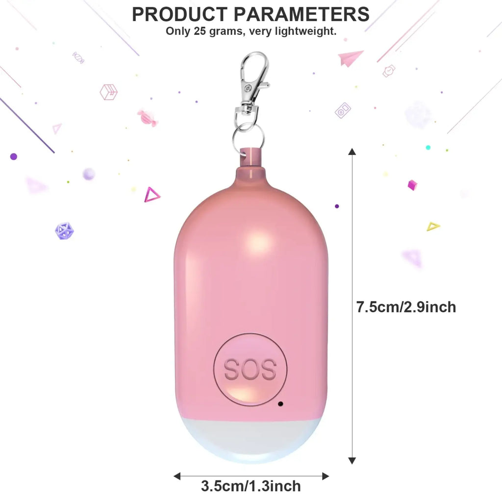 Rechargeable personal alarm keychain in pink with silver keychain attachment and translucent white base emitting 130db