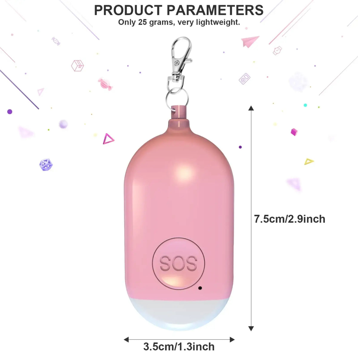 Rechargeable personal alarm keychain in pink with silver keychain attachment and translucent white base emitting 130db