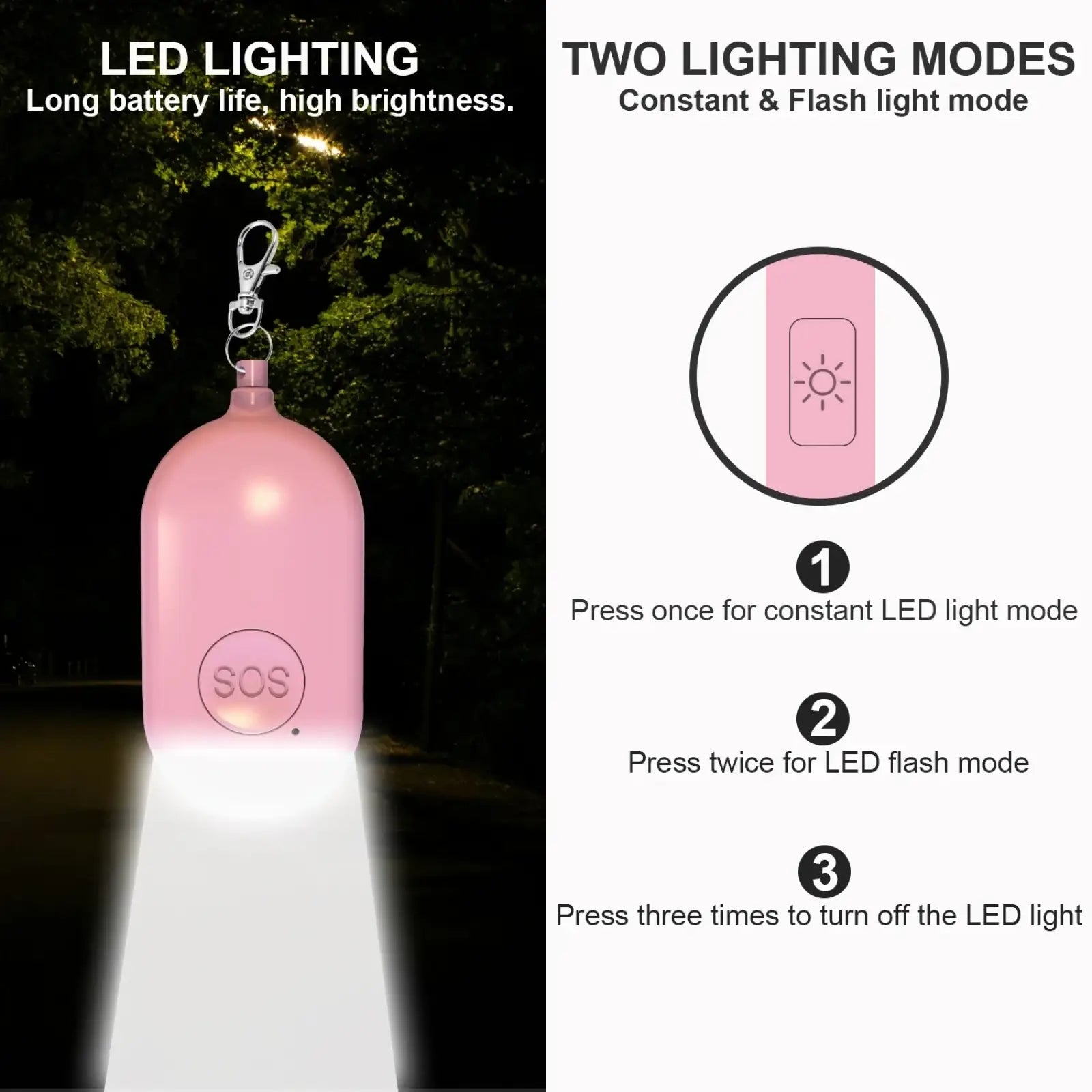 Pink silicone sos keychain light with led illumination rechargeable personal alarm 130db for safety use