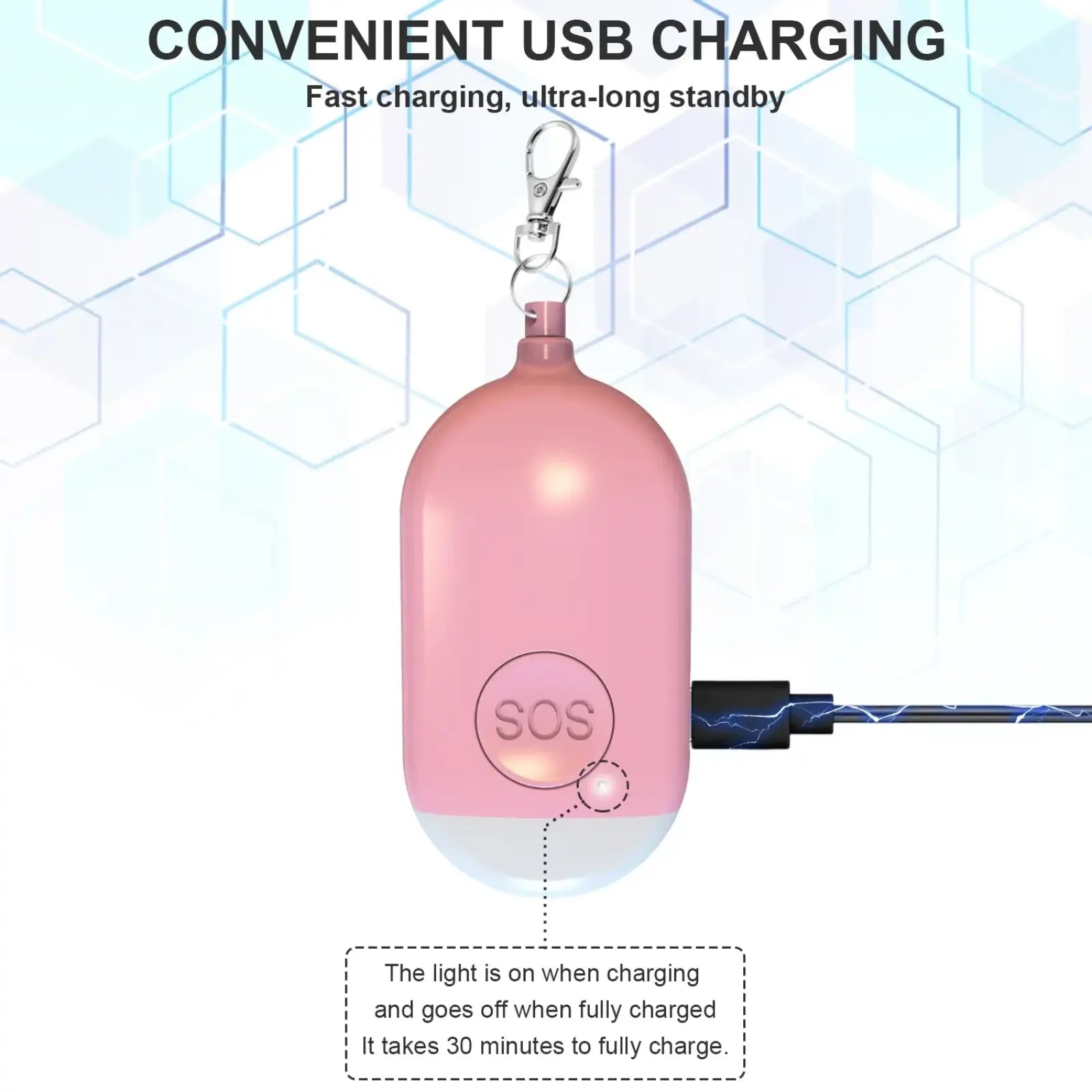 Rechargeable personal alarm keychain 130db pink silicone usb charging power bank with silver metal keychain loop and sos button
