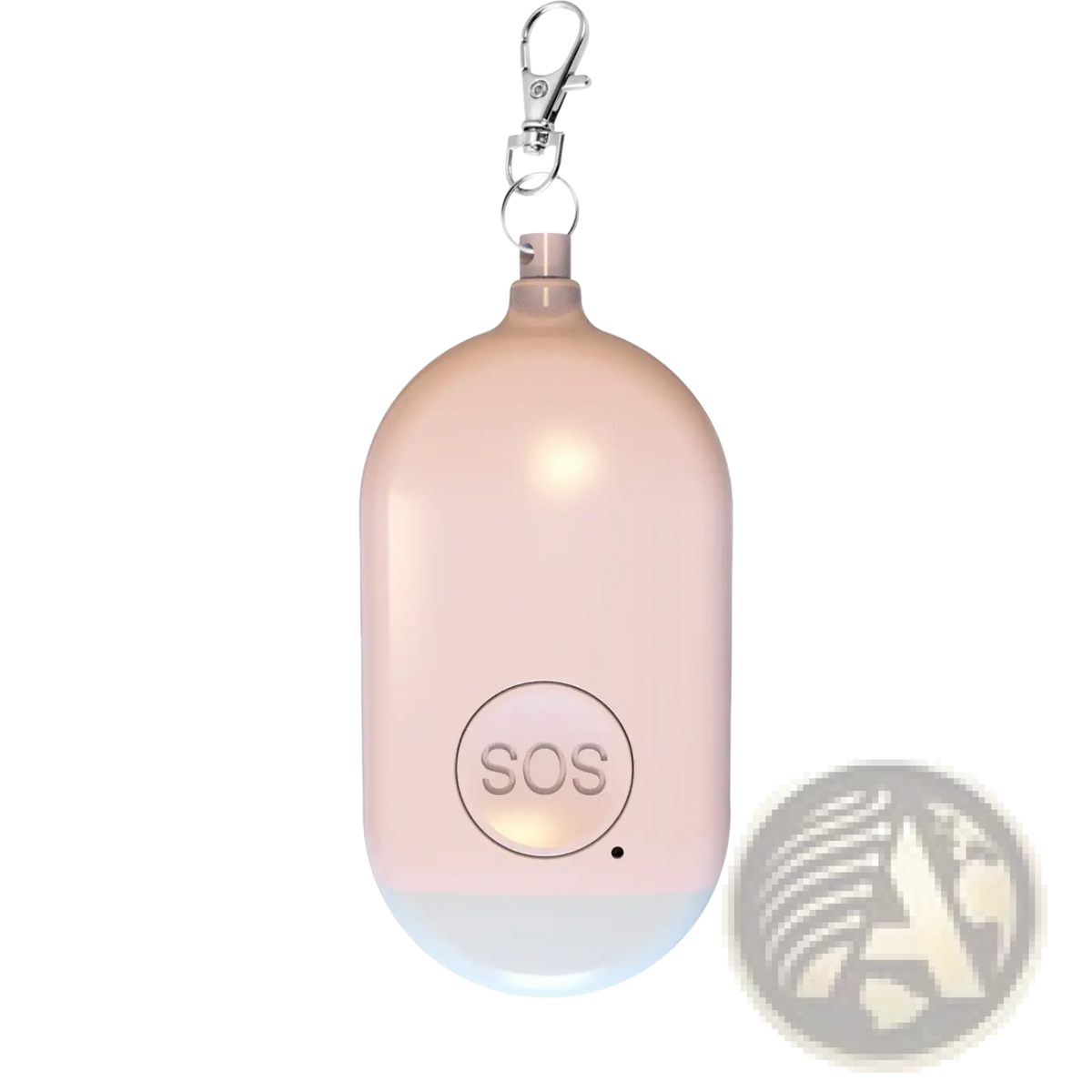 A sleek rose gold rechargeable personal alarm keychain with a smooth rounded body and metallic clasp for emergency sos