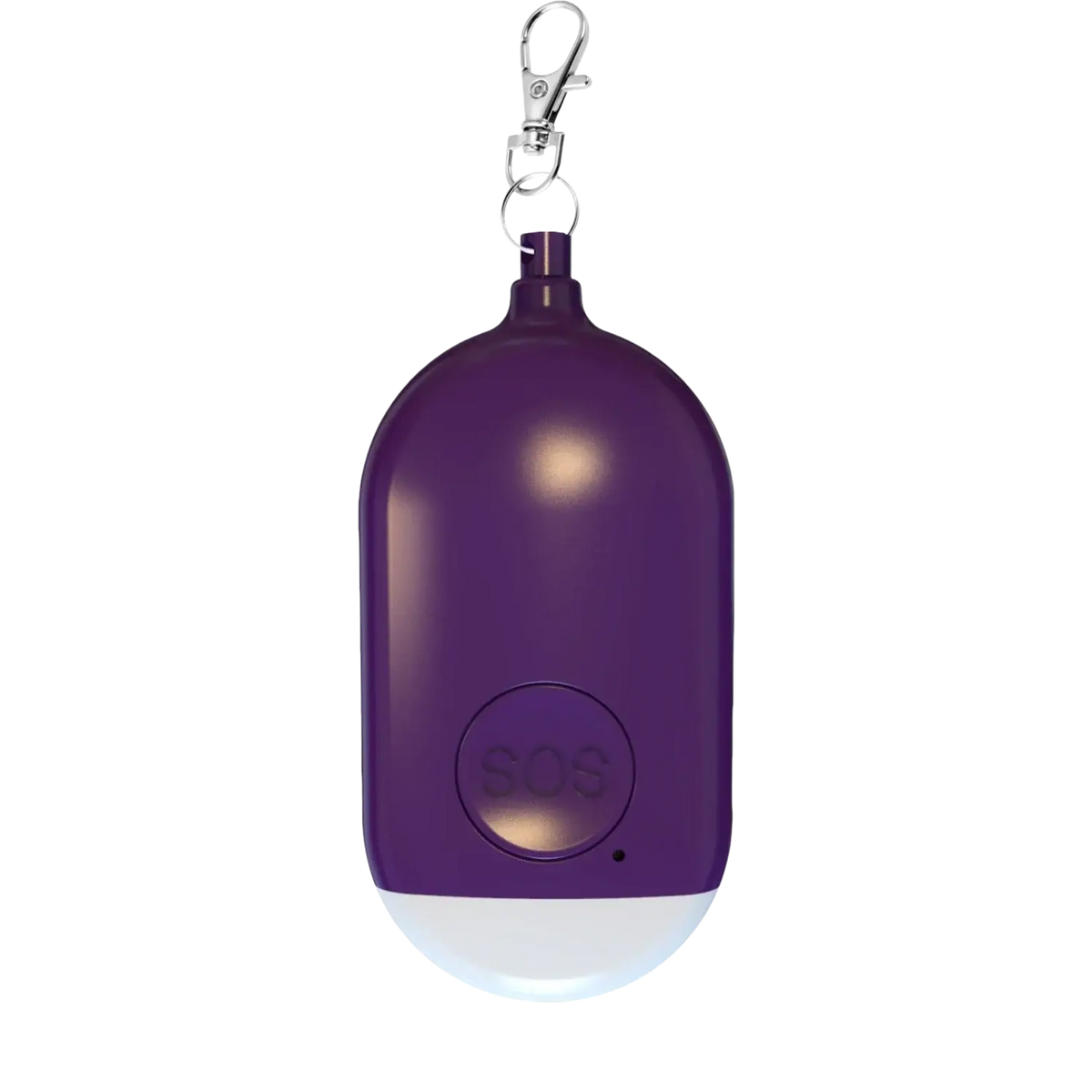 Purple oval rechargeable personal alarm keychain with silver keychain and white led light 130db sos safety device