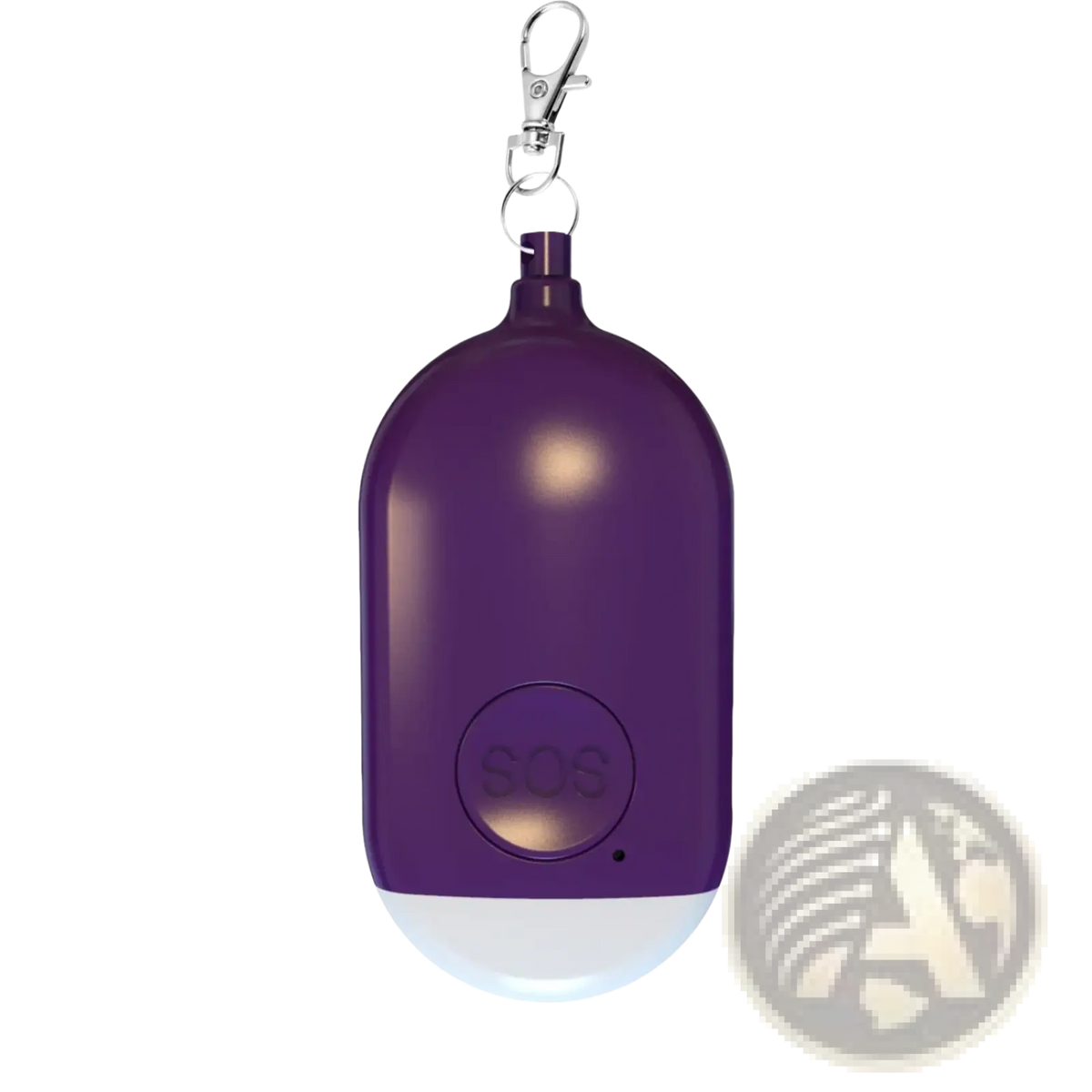 Purple oval rechargeable personal alarm keychain with silver keychain and white led light 130db sos safety device