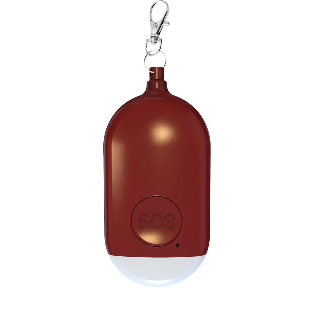 Rechargeable personal alarm keychain red emergency beacon with silver keychain and illuminated white base emitting 130db