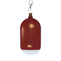 Rechargeable personal alarm keychain red emergency beacon with silver keychain and illuminated white base emitting 130db