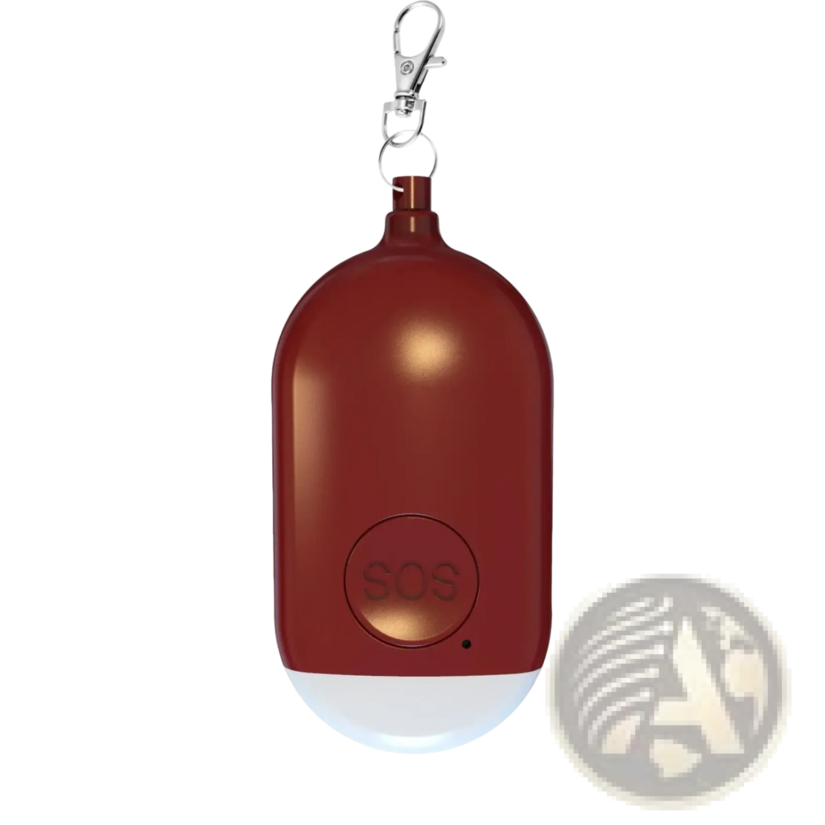Rechargeable personal alarm keychain red emergency beacon with silver keychain and illuminated white base emitting 130db
