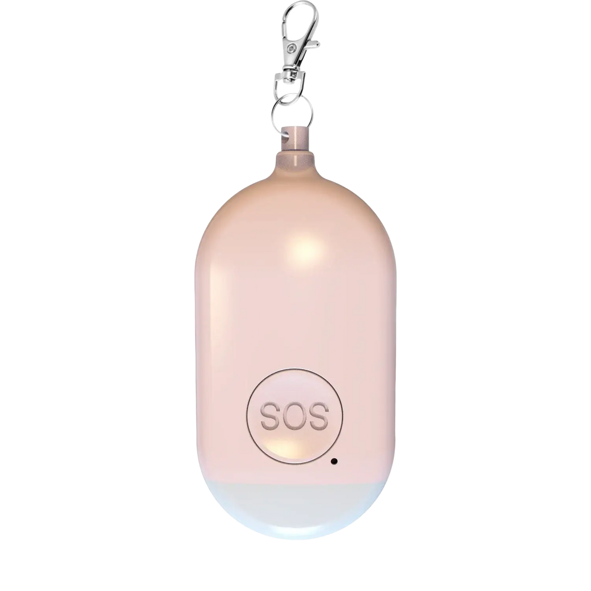 A sleek rose gold rechargeable personal alarm keychain with a smooth rounded body and metallic clasp for emergency sos