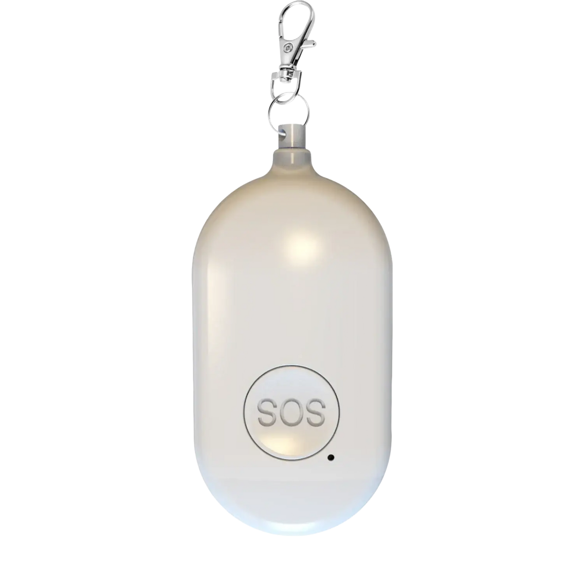 A sleek translucent white rechargeable personal alarm keychain with a silver metal attachment and embossed sos button