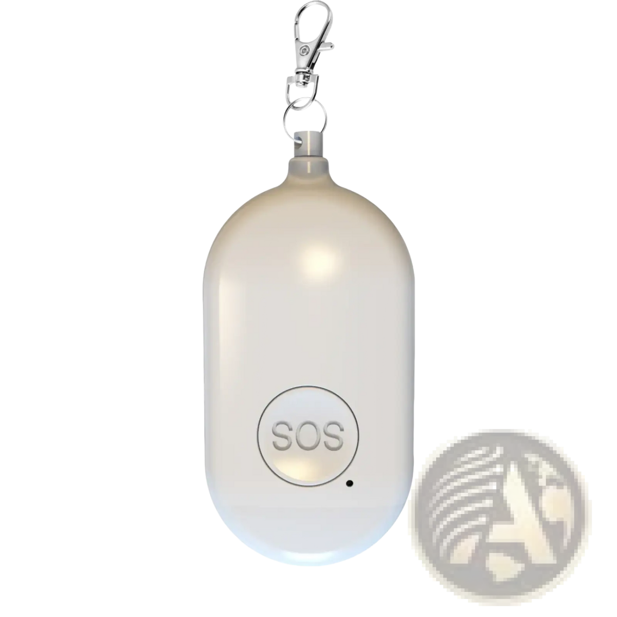 A sleek translucent white rechargeable personal alarm keychain with a silver metal attachment and embossed sos button