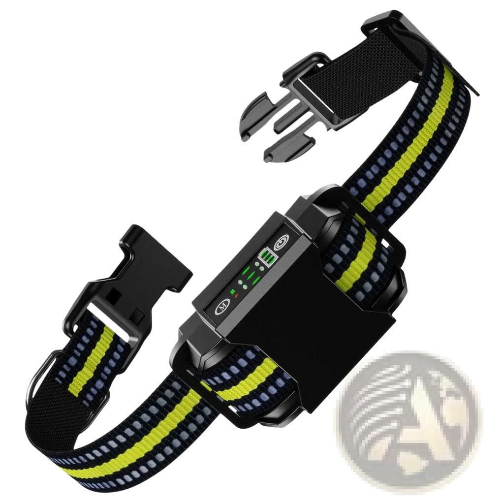 Black and neon yellow reflective rechargeable smart dog bark collar with digital control module and dual training modes