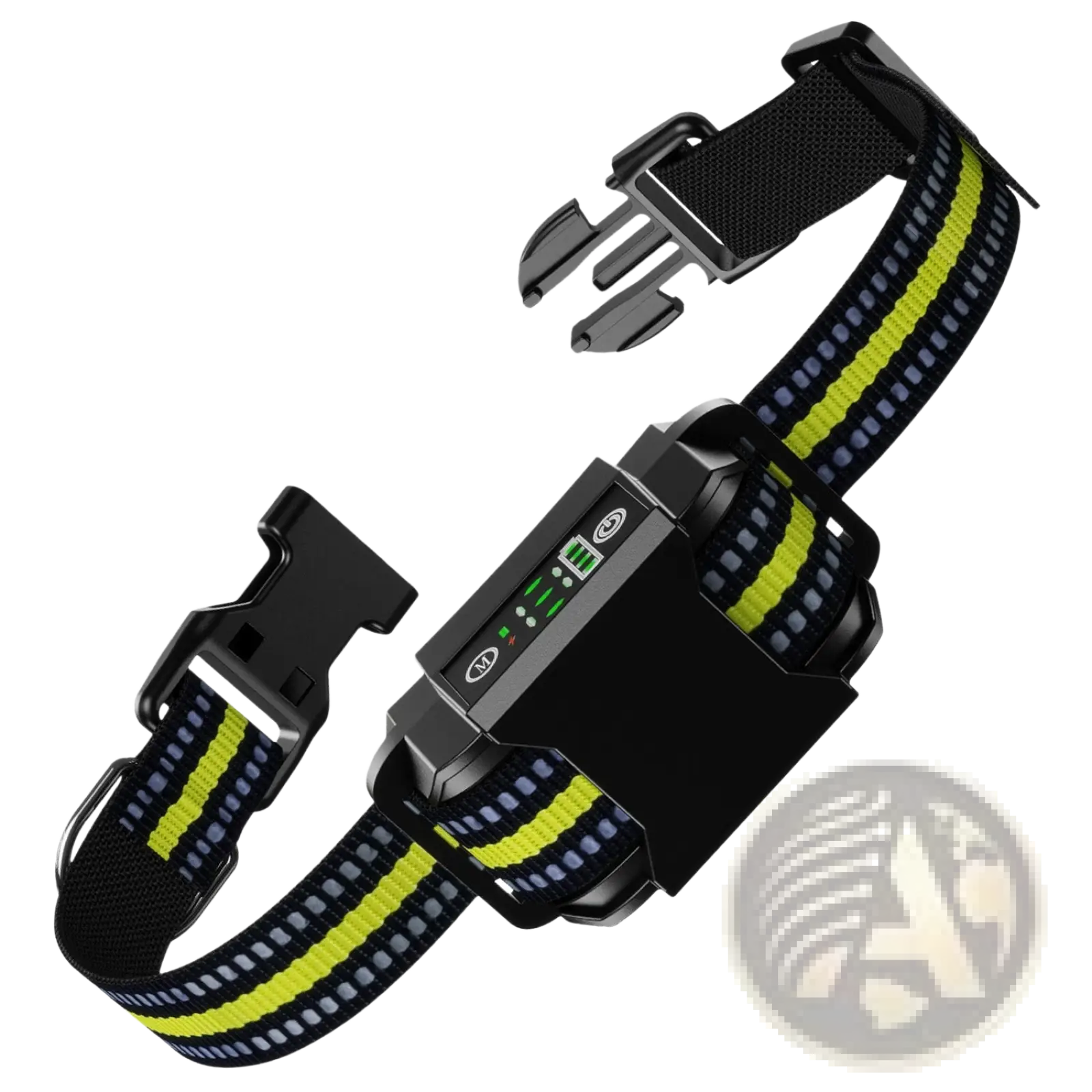 Black and neon yellow reflective rechargeable smart dog bark collar with digital control module and dual training modes