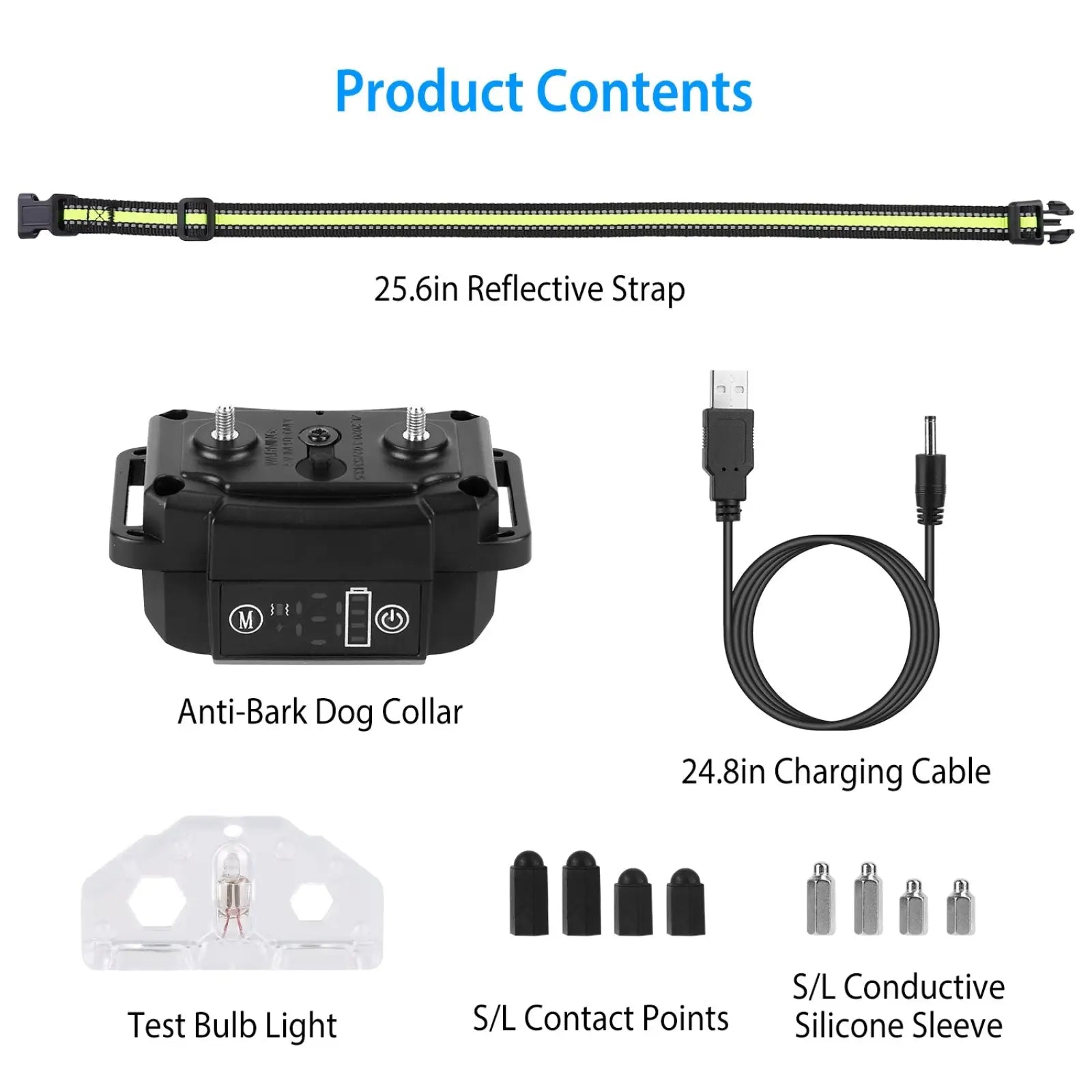 Black plastic rechargeable smart dog bark collar with dual training modes control panel and adjustment screws visible